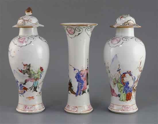 A garniture of three Chinese famille rose eighteen luohan vases, Qianlong period, 14.3cm - 18.5cm, some damage